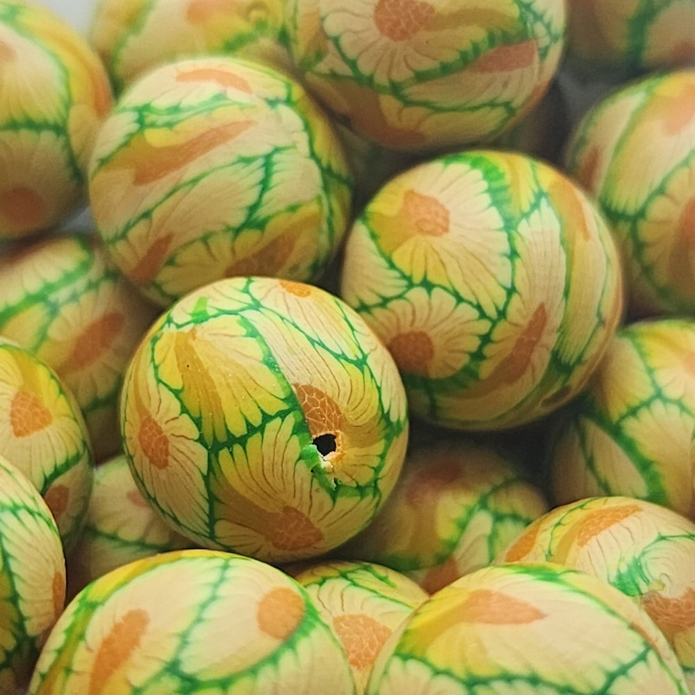 12mm Round Fimo Beads (10) - Yellow Flower on Green