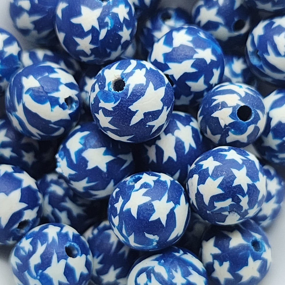 8mm Round Fimo Beads (10) - White Stars on Blue