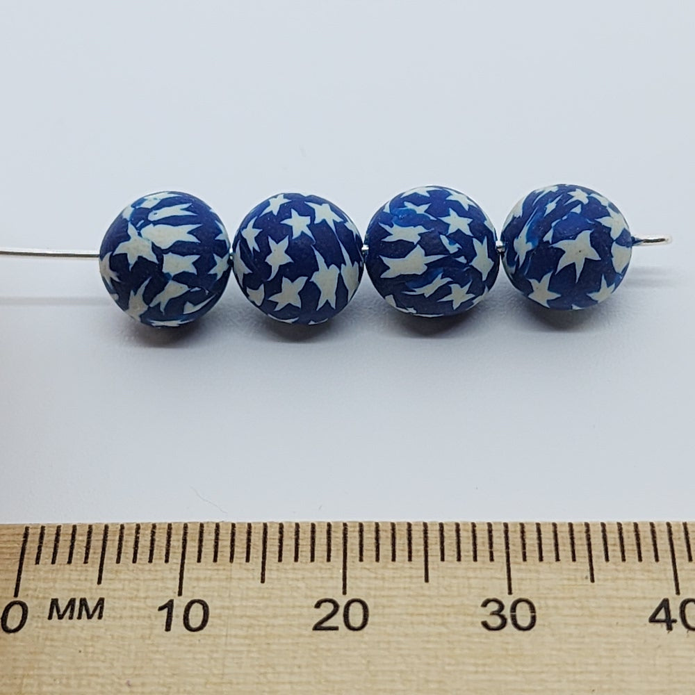 8mm Round Fimo Beads (10) - White Stars on Blue