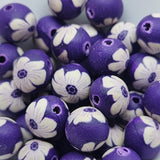 8mm Round Fimo Beads (10) - White Flowers on Purple