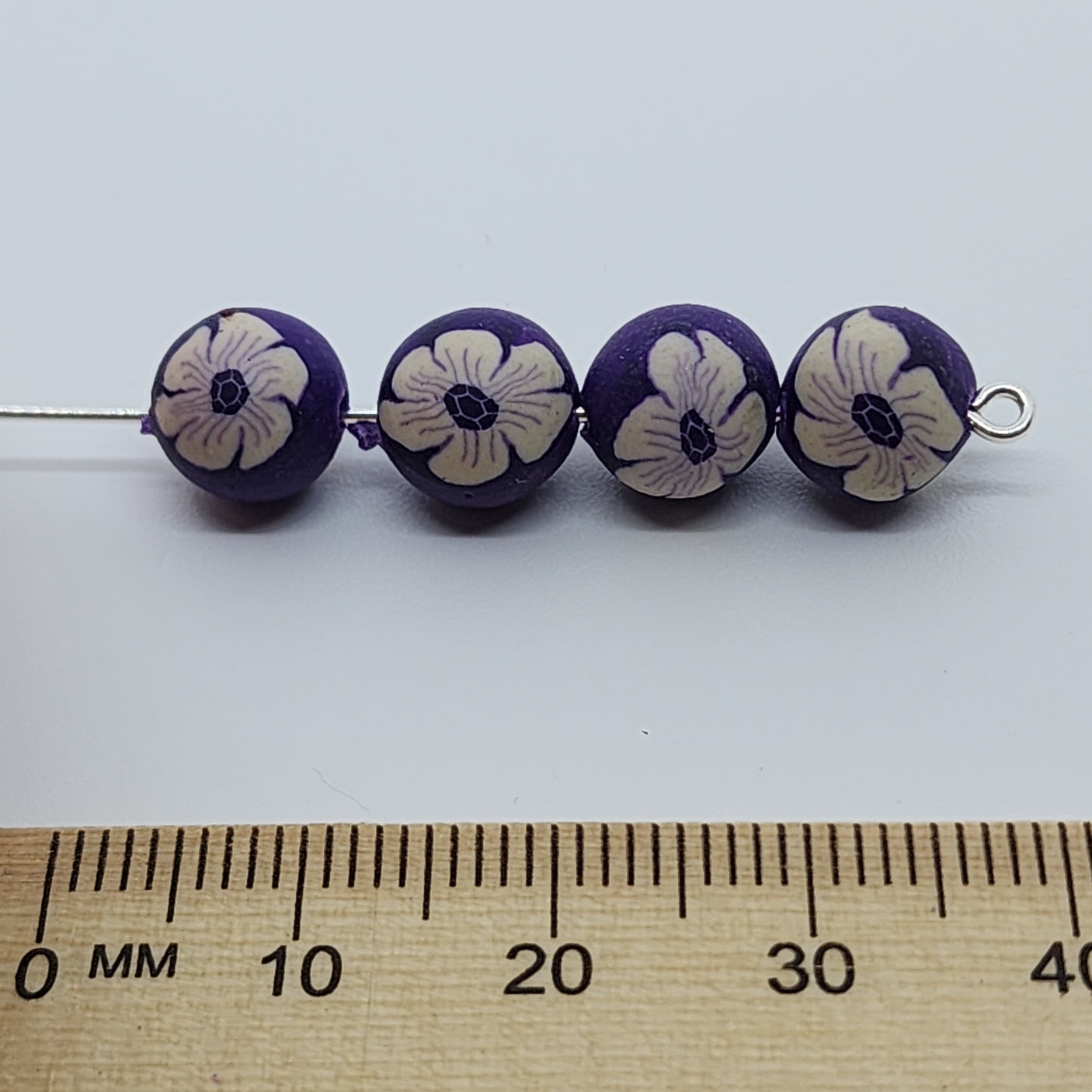 8mm Round Fimo Beads (10) - White Flowers on Purple