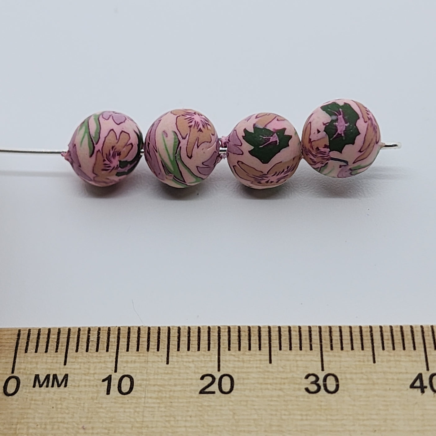 8mm Round Fimo Beads (10) - Pink w. Flowers