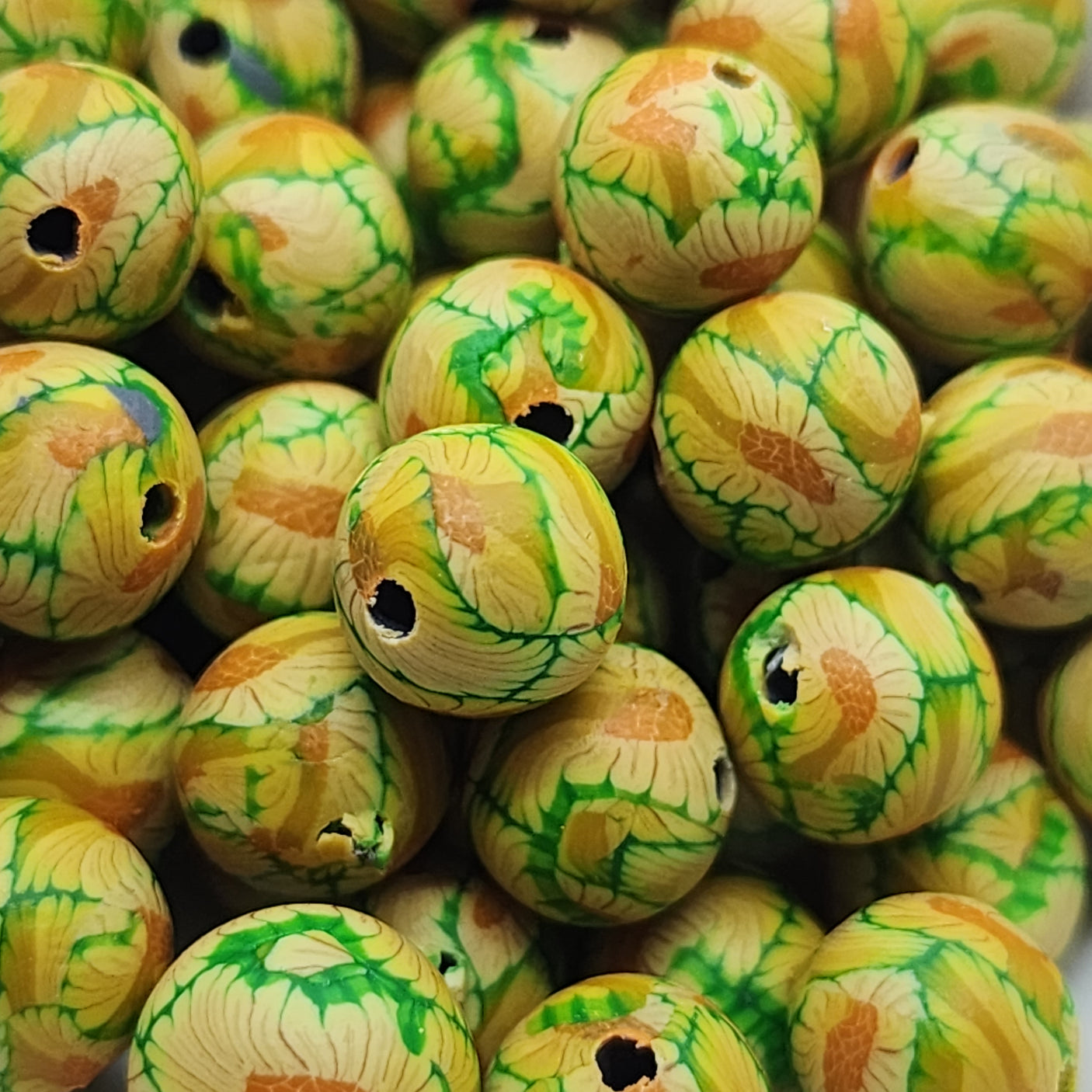8mm Round Fimo Beads (10) - Yellow Flower on Green