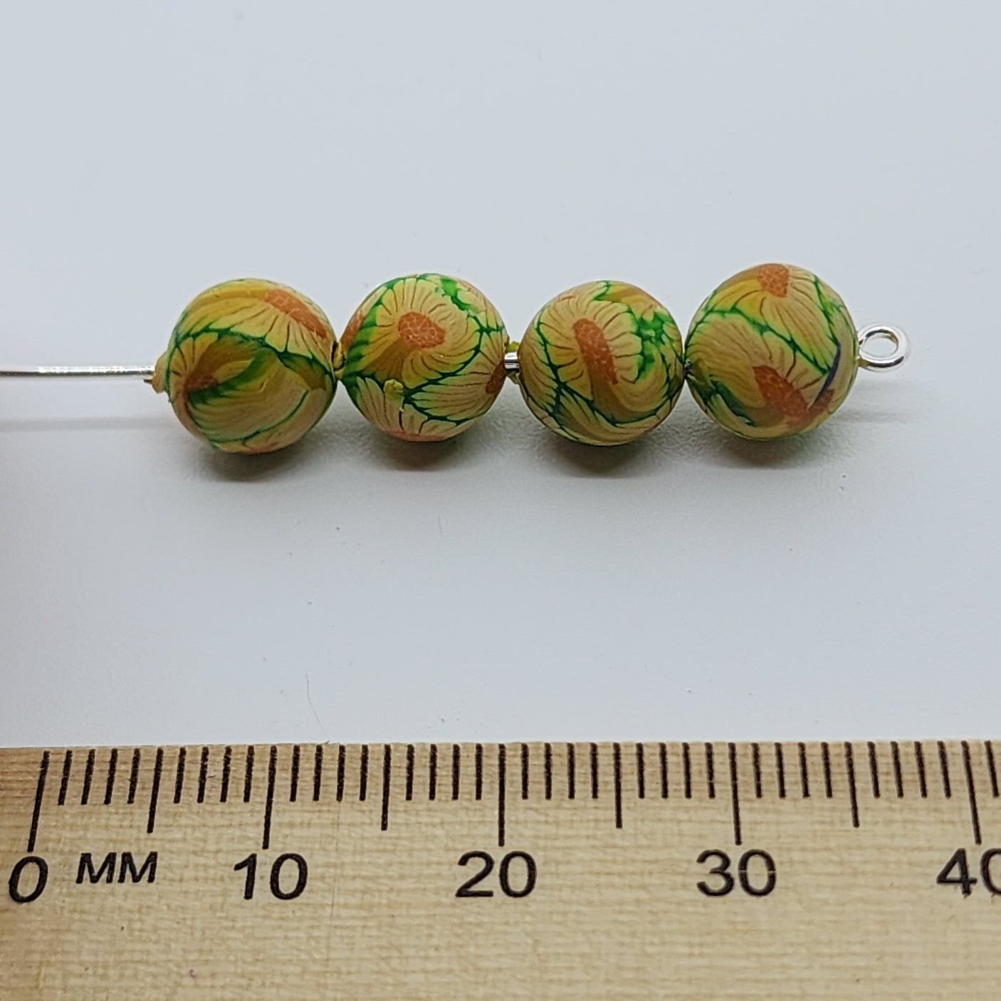 8mm Round Fimo Beads (10) - Yellow Flower on Green