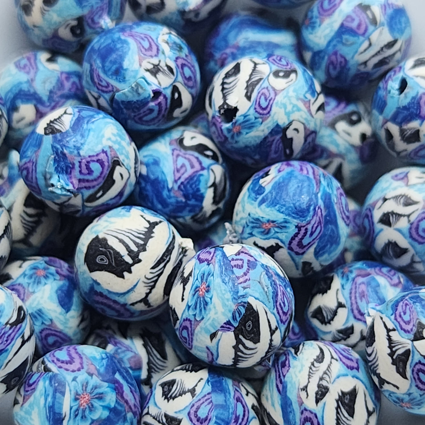 8mm Round Fimo Beads (10) - Fish Bones w. Yin/Yang Dolphin & Spirals