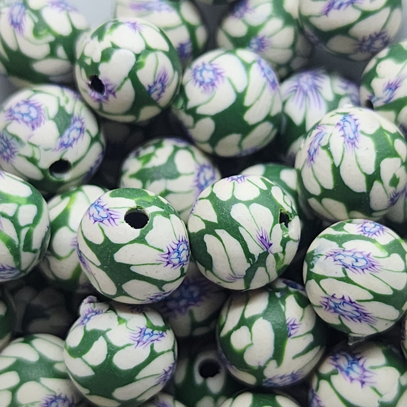8mm Round Fimo Beads (10) - White/Purple Flower on Green