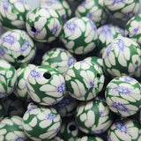 8mm Round Fimo Beads (10) - White/Purple Flower on Green