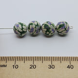 8mm Round Fimo Beads (10) - White/Purple Flower on Green