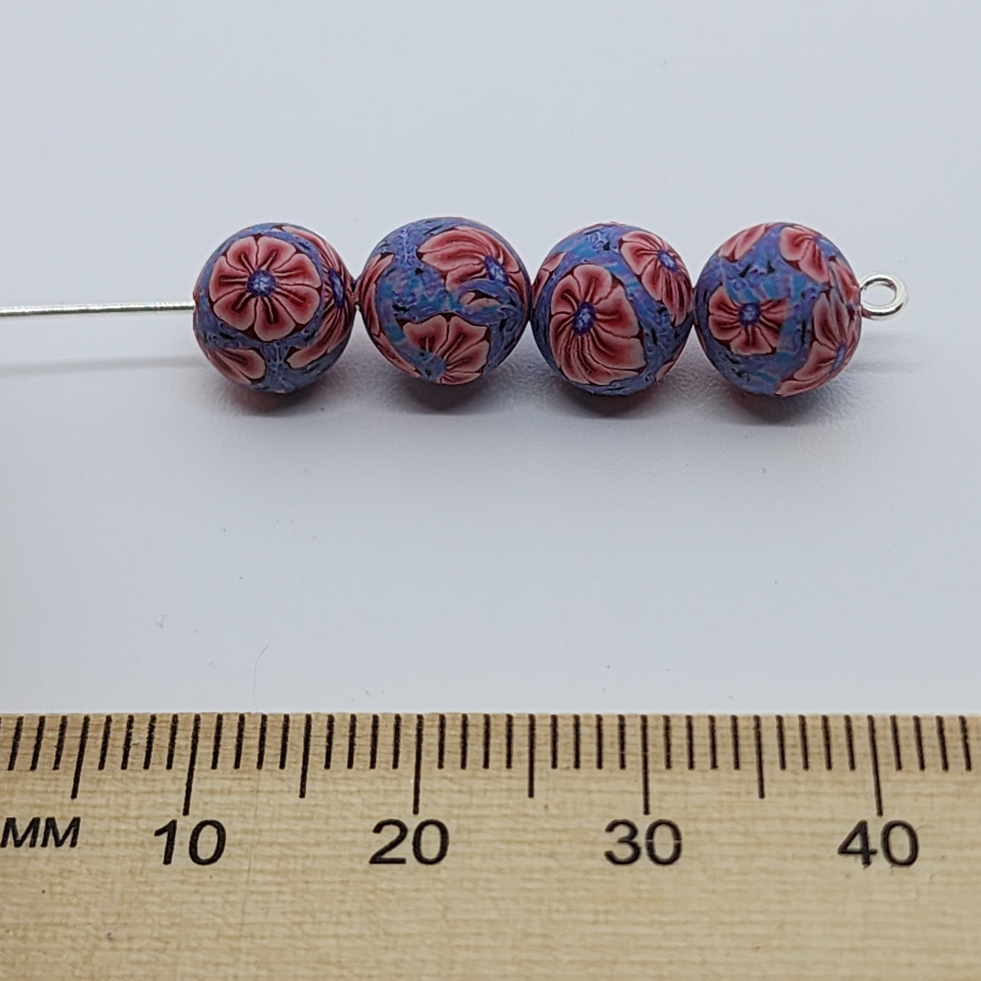 8mm Round Fimo Beads (10) - Flower Pink w. Blue Surrounds