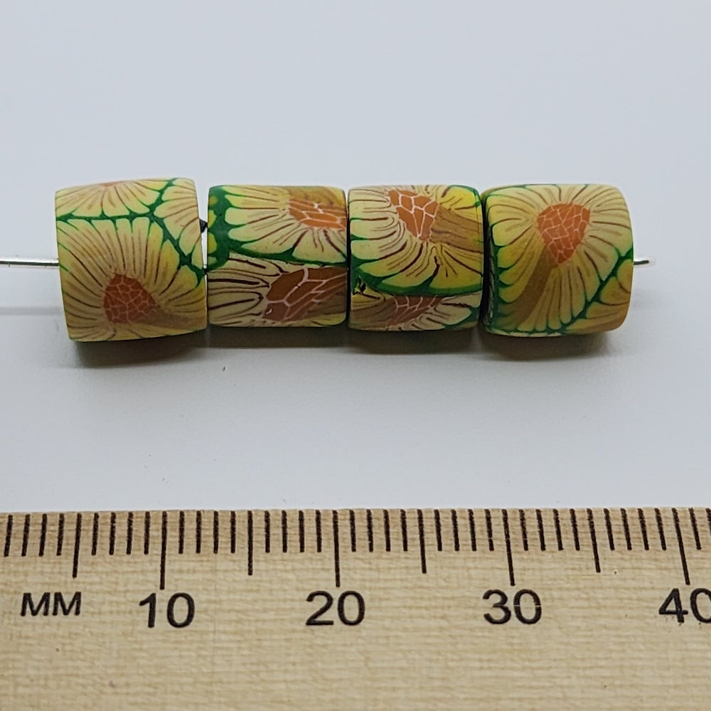 10mm Tube Fimo Beads (10) - Yellow Flower on Green