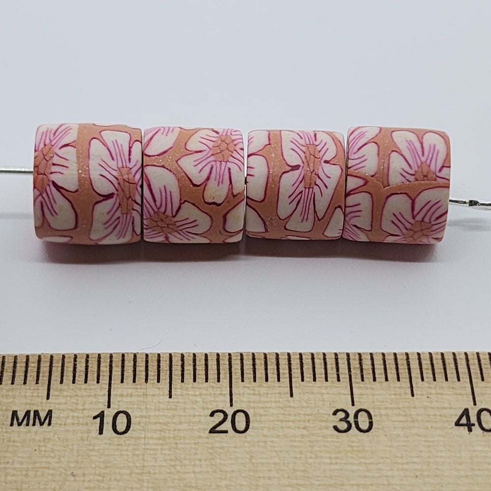 10mm Tube Fimo Beads (10) - White Flower on Pink