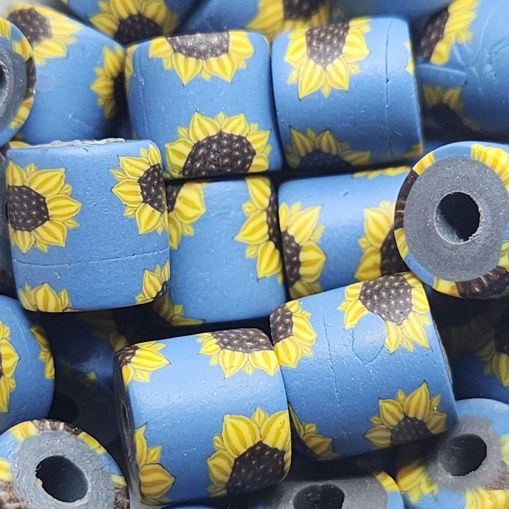 10mm Tube Fimo Beads (10) - Sunflower on Blue Background