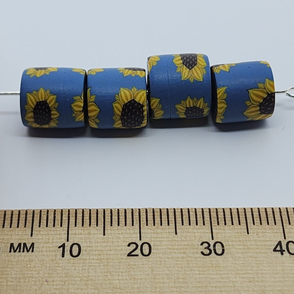 10mm Tube Fimo Beads (10) - Sunflower on Blue Background