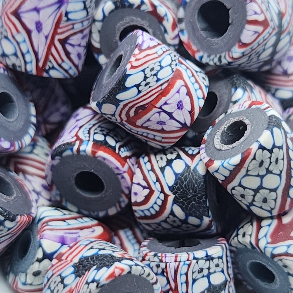 10mm Tube Fimo Beads (10) - Stripes w. Flowers