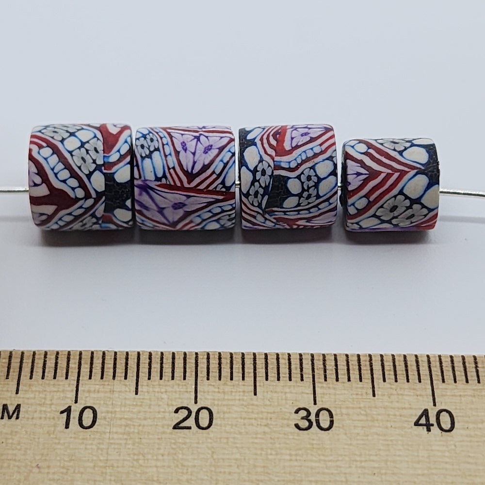 10mm Tube Fimo Beads (10) - Stripes w. Flowers