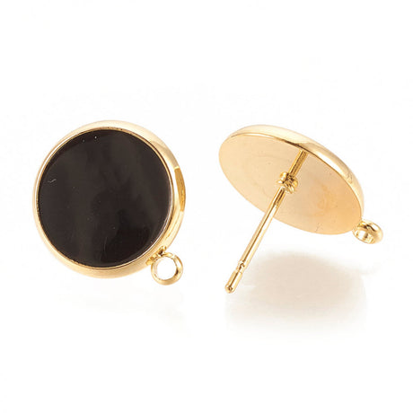black and gold pair of stud fittings showing a loop on a white background