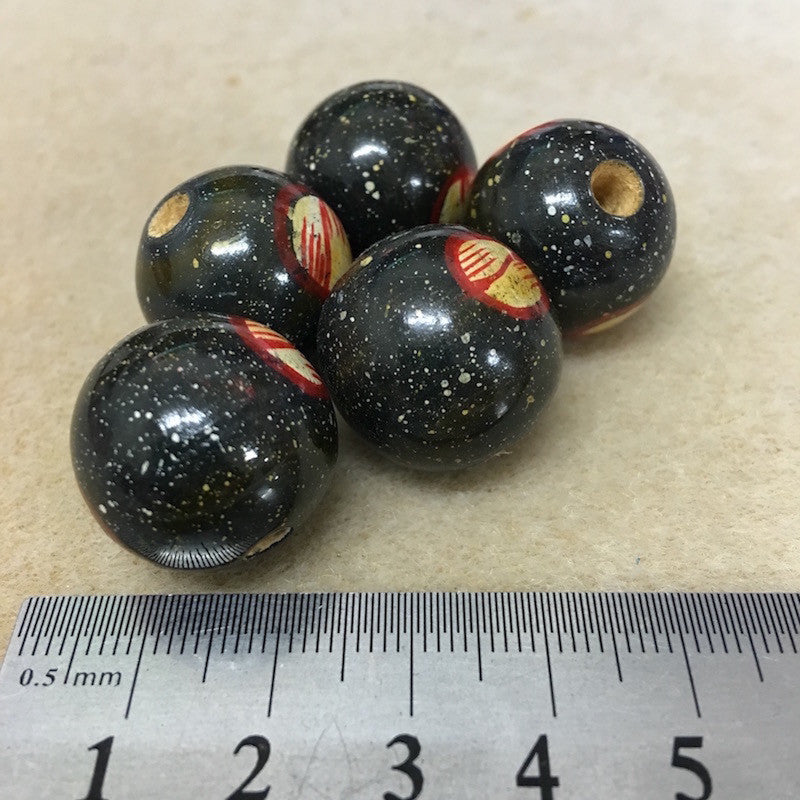 Lacquered Wood 22mm Round Bead - Black Patterned - Bead Shack