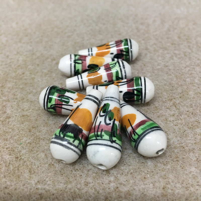 5 32mm Vintage Painted Peruvian Clay Beads - White and Green Teardrop Bird  Beads