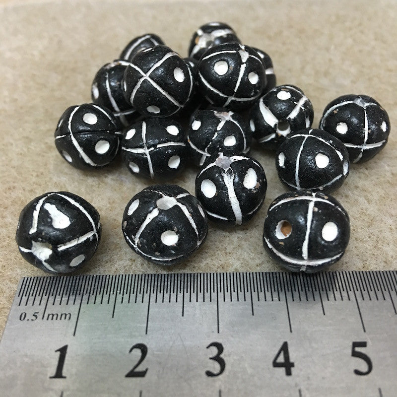 15mm Round Beads (10) - Black w. Cross & Dots - Vintage Clay Beads