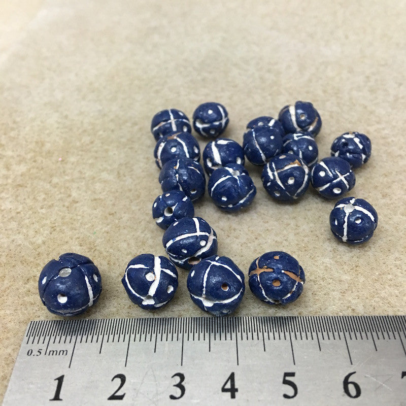 13mm Round Beads (10) - Blue w. Cross & Dots - Vintage Clay Beads