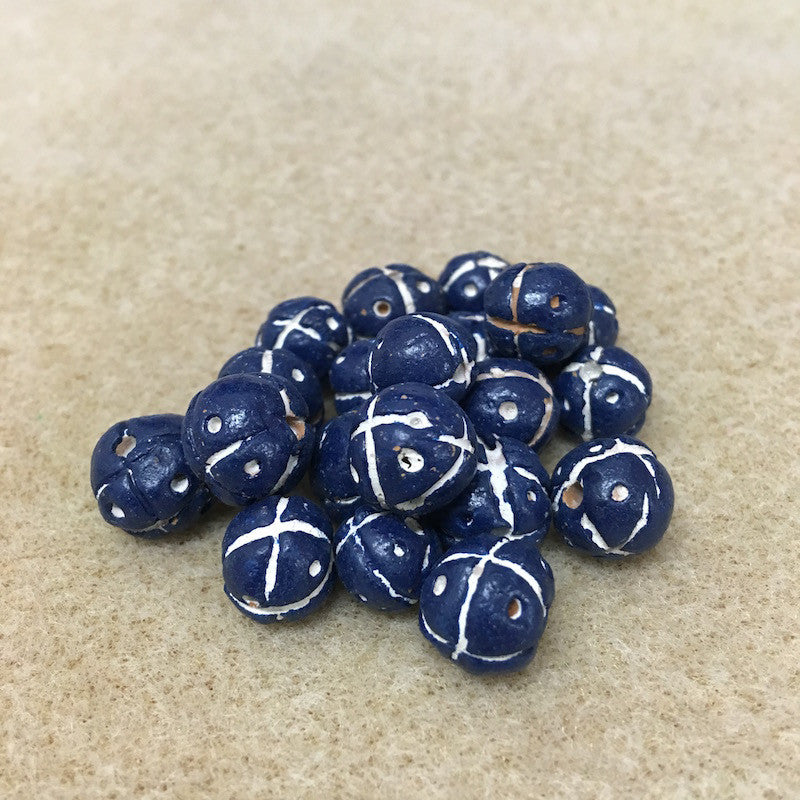 13mm Round Beads (10) - Blue w. Cross & Dots - Vintage Clay Beads