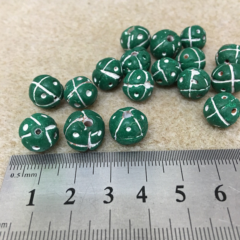 13mm Round Beads (10) - Green w. Cross & Dots - Vintage Clay Beads