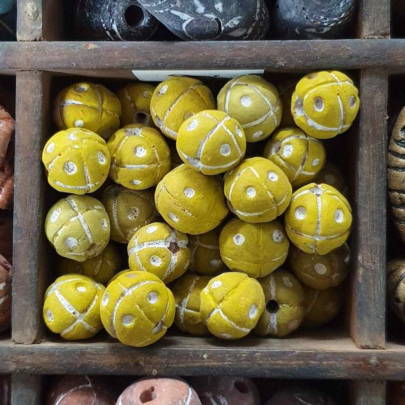 13mm Round Beads (10) - Yellow w. Cross & Dots - Vintage Clay Beads