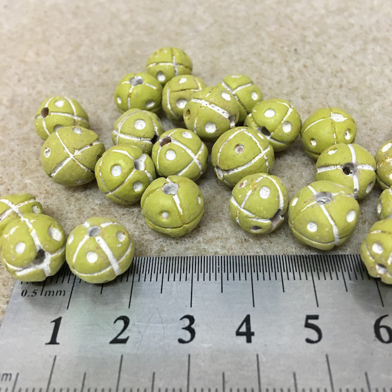13mm Round Beads (10) - Yellow/Green w. Cross & Dots - Vintage Clay Beads