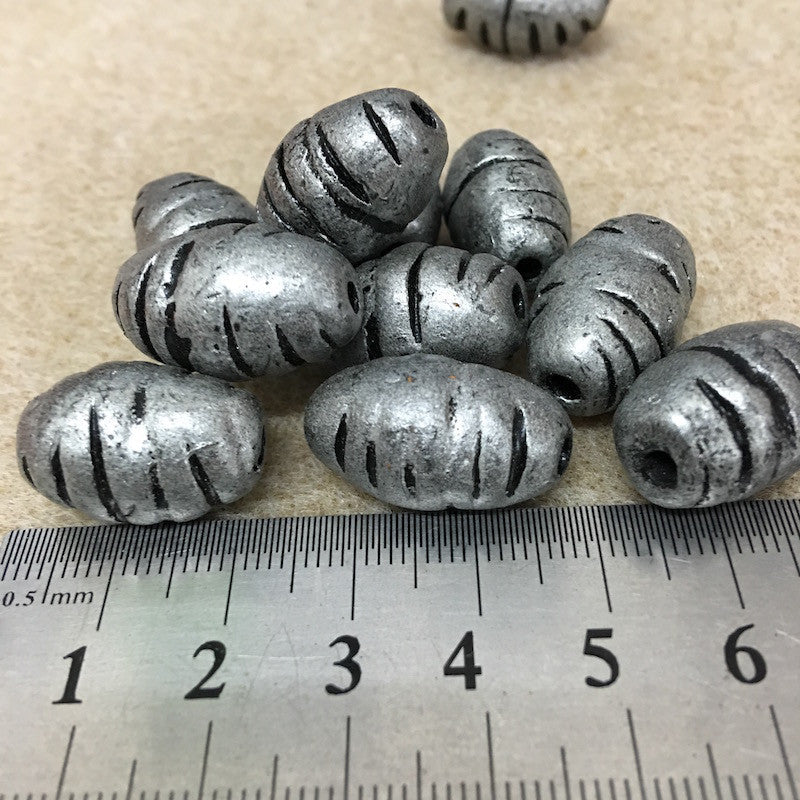23x12mm Barrel Shaped w. Cuts (10) - Antique Silver - Vintage Clay Beads