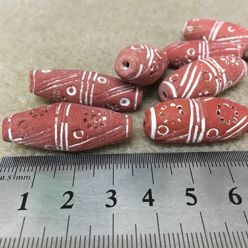 35x12mm Torpedo (10) - Red Terracotta w. White - Vintage Clay Beads