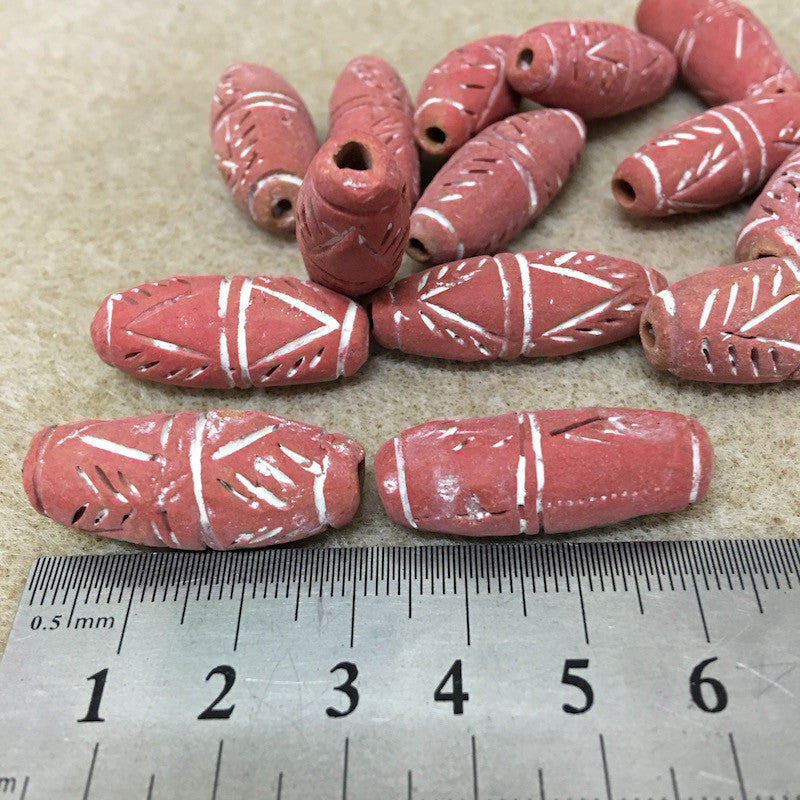 30mm Torpedo (10) - Red Terracotta w. White - Vintage Clay Beads - Bead Shack
