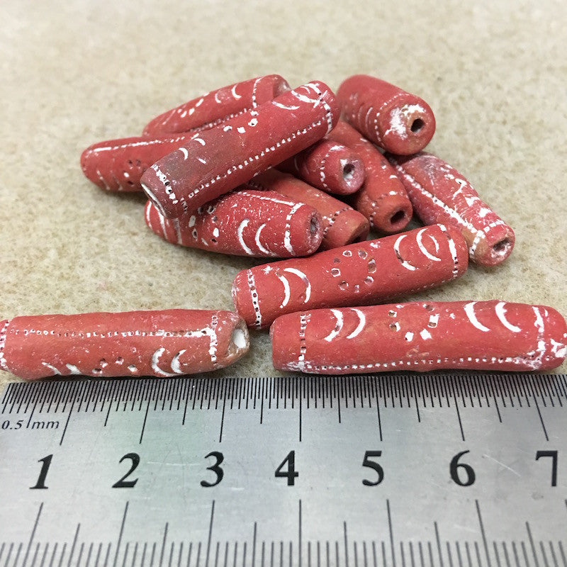 30x8mm Tube (10) - Red Terracotta w. White - Vintage Clay Beads