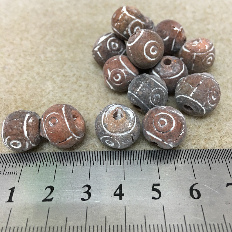 12~15mm Round Beads (10) - Brown w. Spirals - Vintage Clay Beads