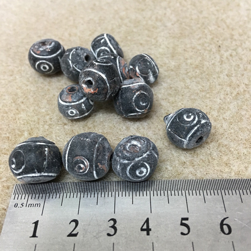 12~15mm Round Beads (10) - Black w. Spirals - Vintage Clay Beads