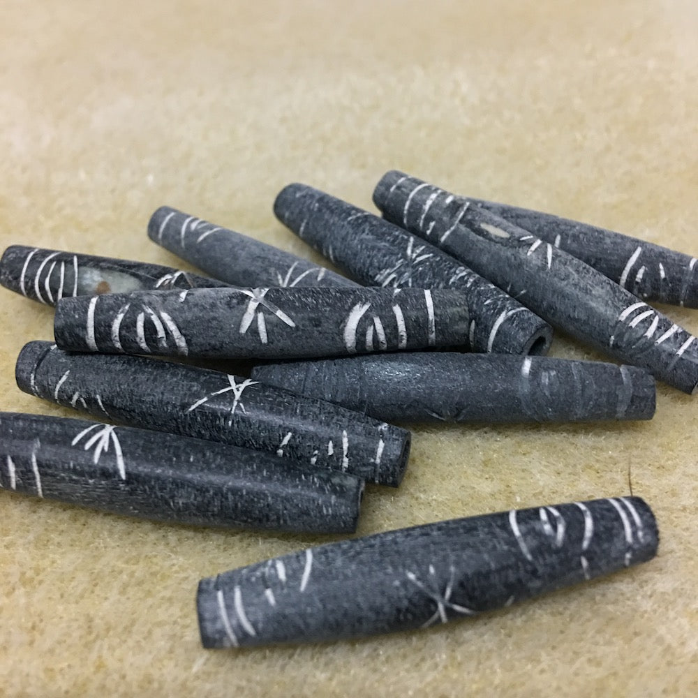 38x8mm Hair Pipe Bead (10) - Black Bone w. Asterisk & Eye Carvings - Vintage Bone Beads