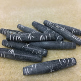 38x8mm Hair Pipe Bead (10) - Black Bone w. Asterisk & Eye Carvings - Vintage Bone Beads