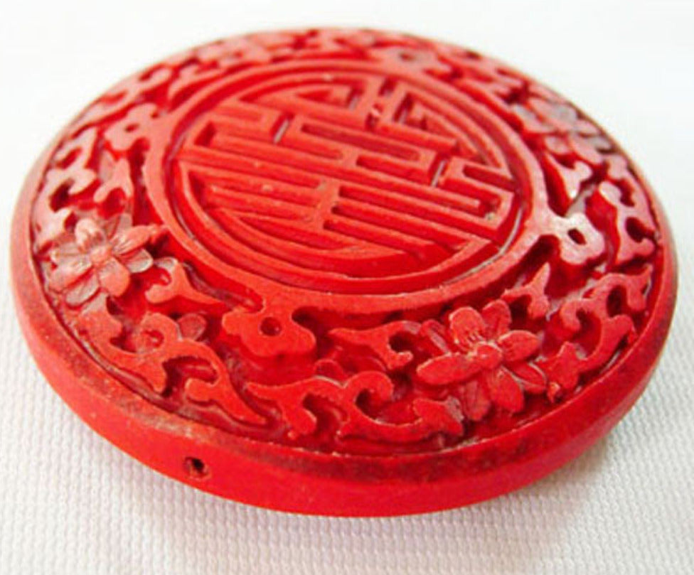 50mm Coin (1) - Red - Cinnabar Oriental Carved Bead