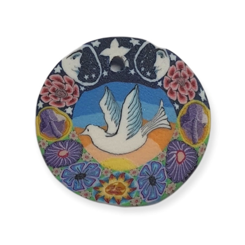22mm Fimo Pendant (1) - Dove w. Moon & Flowers