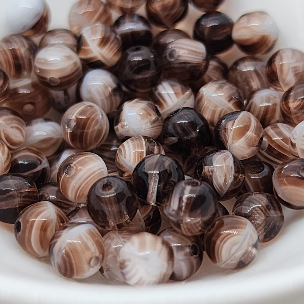 5mm Round (50) - Dark Brown Transparent/White Givre - Vintage Czech Glass Beads
