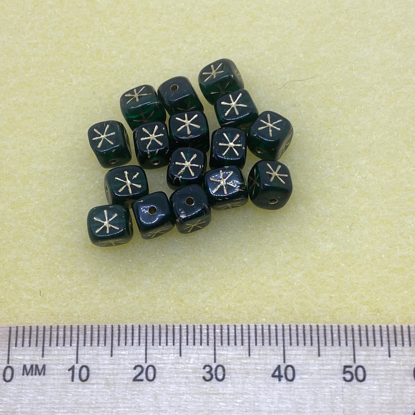 6mm Cube (25) - Green Opaque w. Gold - Vintage Czech Glass Beads