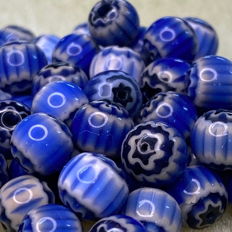 8mm Round (25)  - Blue & Black - Vintage Chevron Glass Beads
