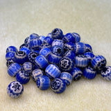 8mm Round (25)  - Blue & Black - Vintage Chevron Glass Beads