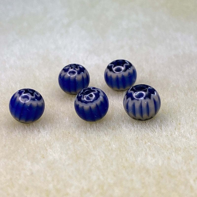 8mm Round (25)  - Blue & Black - Vintage Chevron Glass Beads