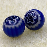 8mm Round (25)  - Blue & Black - Vintage Chevron Glass Beads