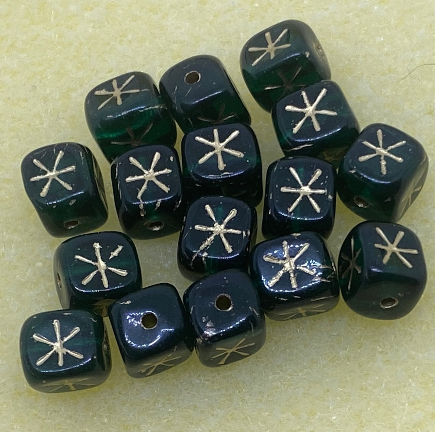 6mm Cube (25) - Green Opaque w. Gold - Vintage Czech Glass Beads