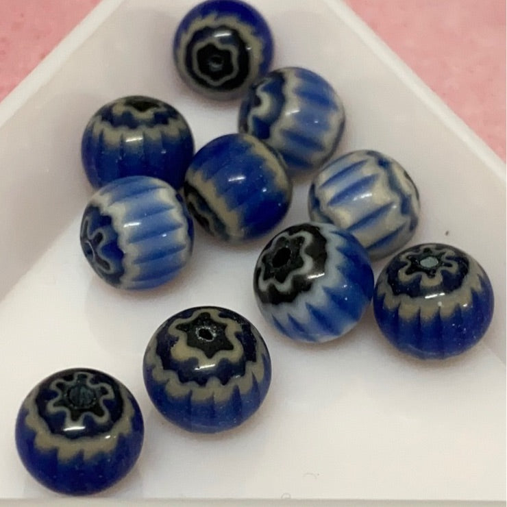 8mm Round (25)  - Blue & Black - Vintage Chevron Glass Beads