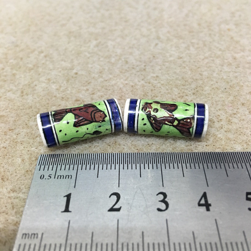 20x8mm Tube (2) - Fish - Ceramic Hand Painted Vintage Beads